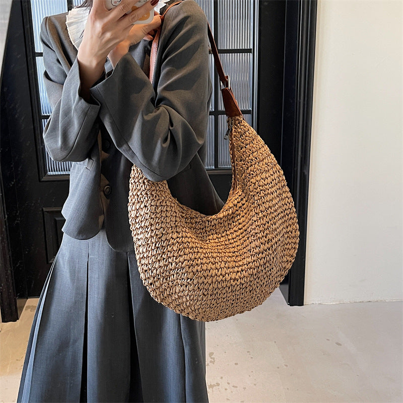 Woven Bag Women Casual Large Capacity Handmade Straw Shoulder Purse