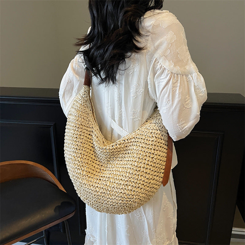 Woven Bag Women Casual Large Capacity Handmade Straw Shoulder Purse