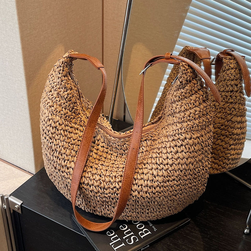Woven Bag Women Casual Large Capacity Handmade Straw Shoulder Purse